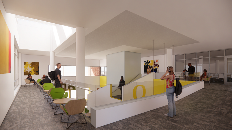 Rendering of the second floor of the UO Portland Campus Center shows how the space will open to the lobby below. Seating and tables will be on the left of the opening and the doors to the events space and offices on the right. There is a skylight above the tables to bring in natural light. 