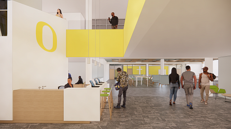 Portland Campus Center rendering shows the first floor with an information desk. A bright yellow O is on the wall above. The space is open to the second floor. The rear of the rendering shows students walking into the dining room. 